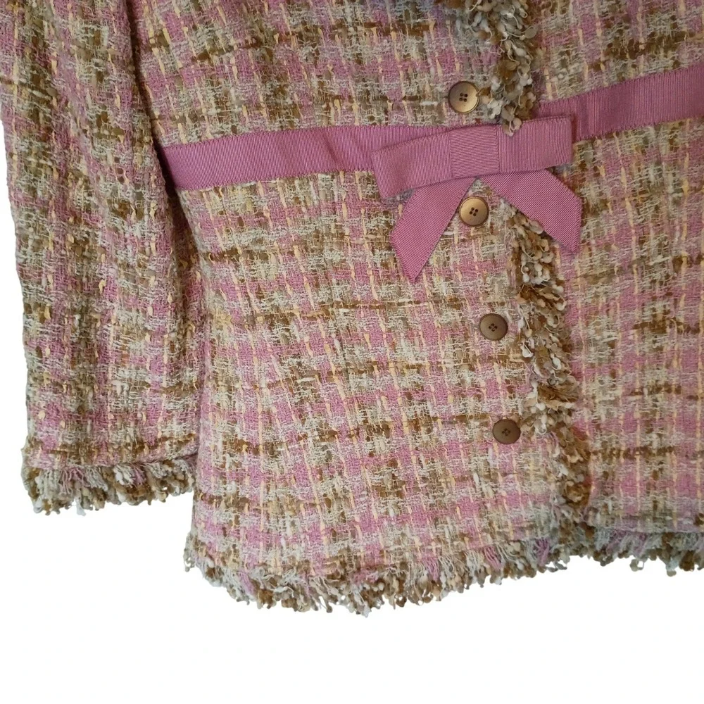 JÔN Pink Tweed Skirt Suit Set Jacket 10 Skirt 6 Fringe Trim‎ Bow